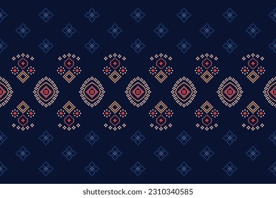 Ethnische geometrische nahtlose Gewebe Muster Cross Stitch.Ikat Stickerei orientalischen Pixel Muster blauen Hintergrund. Abstrakt, Vektorgrafik, Illustration. Textur, Querstich, Schal, Dekoration, Motive, Tapeten.