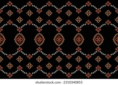 Ethnic geometric seamless fabric pattern Cross Stitch.Ikat embroidery oriental Pixel pattern black background. Abstract,vector,illustration. Texture,Cross Stitch,scarf,decoration,motifs,wallpaper.