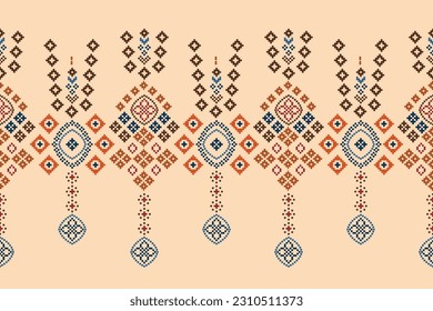 Ethnic geometric seamless fabric pattern Cross Stitch.Ikat embroidery oriental Pixel pattern cream background. Abstract,vector,illustration. Texture,Cross Stitch,scarf,decoration,motifs,wallpaper.