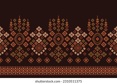 Ethnic geometric seamless fabric pattern Cross Stitch.Ikat embroidery oriental Pixel pattern brown background. Abstract,vector,illustration. Texture,Cross Stitch,scarf,decoration,carpet wallpaper.