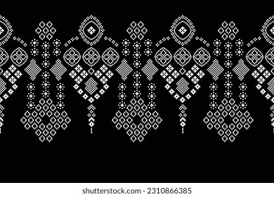 Ethnic geometric seamless fabric pattern Cross Stitch.Ikat embroidery oriental Pixel pattern black background. Abstract,vector,illustration. Texture,Cross Stitch,scarf,decoration,motifs,wallpaper.