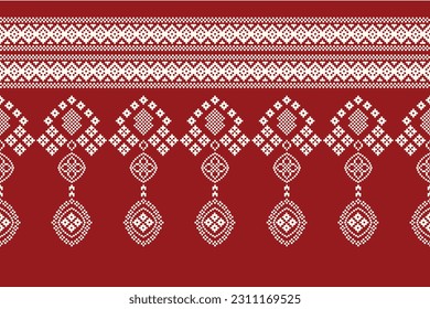 Patrón de tejido geométrico étnico sin costura Cross Stitch.Ikat bordado oriental Pixel patrón de fondo rojo. Resumen,vector,ilustración. Textura, Cross Stitch, pañuelo, decoración, motivos, papel pintado.