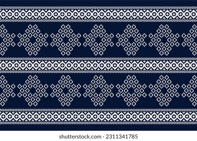 Patrón de tejido geométrico étnico sin costura Cross Stitch.Ikat bordado oriental Pixel patrón fondo azul. Resumen,vector,ilustración. Textura, Cross Stitch, pañuelo, decoración, motivos, papel pintado.