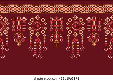 Patrón de tejido geométrico étnico sin costura Cross Stitch.Ikat bordado oriental Pixel patrón de fondo rojo. Resumen,vector,ilustración. Textura, Cross Stitch, pañuelo, decoración, motivos, papel pintado.