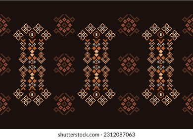 Ethnic geometric seamless fabric pattern Cross Stitch.Ikat embroidery oriental Pixel pattern brown background. Abstract,vector,illustration. Texture,Cross Stitch,scarf,decoration,carpet wallpaper.