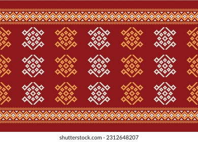 Ethnic geometric seamless fabric pattern Cross Stitch.Ikat embroidery oriental Pixel pattern red background. Abstract,vector,illustration. Texture,Cross Stitch,scarf,decoration,motifs,wallpaper.