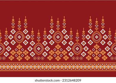 Ethnic geometric seamless fabric pattern Cross Stitch.Ikat embroidery oriental Pixel pattern red background. Abstract,vector,illustration. Texture,Cross Stitch,scarf,decoration,motifs,wallpaper.
