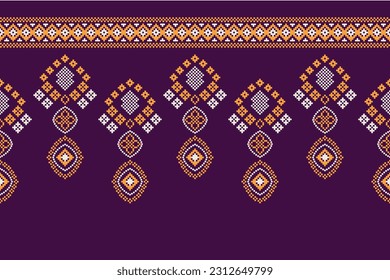 Patrón de tejido geométrico étnico sin costura Cross Stitch.Ikat bordado Pixel oriental patrón de fondo violeta púrpura. Resumen,vector,ilustración. Textura, Cross Stitch, decoración, motivos, papel pintado.