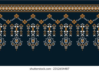 Ethnic geometric seamless fabric pattern Cross Stitch.Ikat embroidery oriental Pixel pattern blue background. Abstract,vector,illustration. Texture,Cross Stitch,scarf,decoration,motifs,wallpaper.