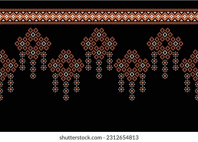 Ethnic geometric seamless fabric pattern Cross Stitch.Ikat embroidery oriental Pixel pattern black background. Abstract,vector,illustration. Texture,Cross Stitch,scarf,decoration,motifs,wallpaper.