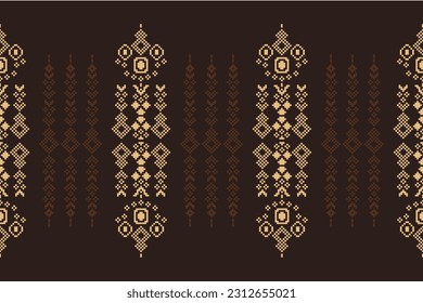 Ethnic geometric seamless fabric pattern Cross Stitch.Ikat embroidery oriental Pixel pattern brown background. Abstract,vector,illustration. Texture,Cross Stitch,scarf,decoration,carpet wallpaper.