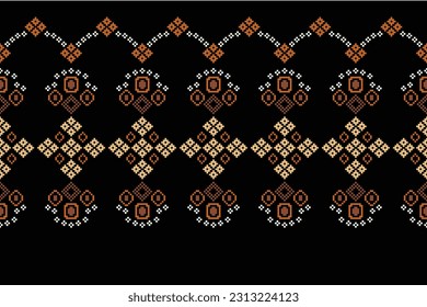 Ethnic geometric seamless fabric pattern Cross Stitch.Ikat embroidery oriental Pixel pattern black background. Abstract,vector,illustration. Texture,Cross Stitch,scarf,decoration,motifs,wallpaper.