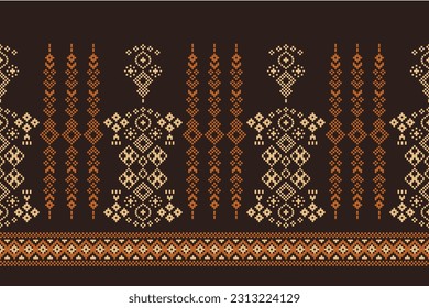 Patrón de tejido geométrico étnico sin costura Cross Stitch.Ikat bordado patrón Pixel oriental fondo marrón. Resumen,vector,ilustración. Textura, Cross Stitch, pañuelo, decoración, papel tapizado de alfombra.