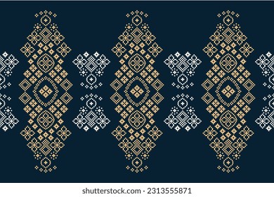 Ethnic geometric seamless fabric pattern Cross Stitch.Ikat embroidery oriental Pixel pattern blue background. Abstract,vector,illustration. Texture,Cross Stitch,scarf,decoration,motifs,wallpaper.