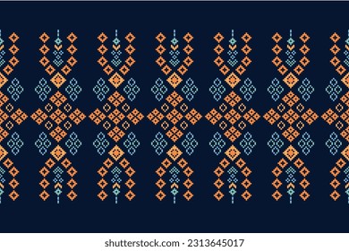Patrón de tejido geométrico étnico sin costura Cross Stitch.Ikat bordado oriental Pixel patrón fondo azul. Resumen,vector,ilustración. Textura, Cross Stitch, pañuelo, decoración, motivos, papel pintado.