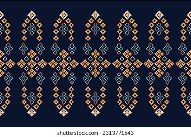 Ethnic geometric seamless fabric pattern Cross Stitch.Ikat embroidery oriental Pixel pattern blue background. Abstract,vector,illustration. Texture,Cross Stitch,scarf,decoration,motifs,wallpaper.