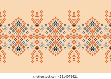 Ethnic geometric seamless fabric pattern Cross Stitch.Ikat embroidery oriental Pixel pattern cream background. Abstract,vector,illustration. Texture,Cross Stitch,scarf,decoration,motifs,wallpaper.