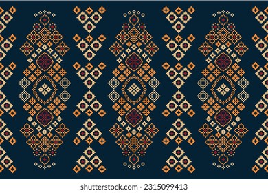 Ethnic geometric seamless fabric pattern Cross Stitch.Ikat embroidery oriental Pixel pattern blue background. Abstract,vector,illustration. Texture,Cross Stitch,scarf,decoration,motifs,wallpaper.