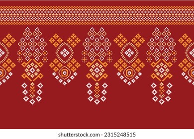Ethnic geometric seamless fabric pattern Cross Stitch.Ikat embroidery oriental Pixel pattern red background. Abstract,vector,illustration. Texture,Cross Stitch,scarf,decoration,motifs,wallpaper.