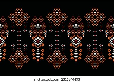 Patrón de tejido geométrico étnico sin costuras Cross Stitch.Ikat bordado estilo Pixel oriental patrón fondo negro. Resumen,vector,ilustración. Textura, Cross Stitch, pañuelo, decoración, motivos, papel pintado.