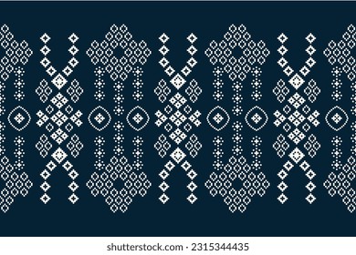 Patrón de tejido geométrico étnico sin costura Cross Stitch.Ikat bordado oriental Pixel patrón fondo azul. Resumen,vector,ilustración. Textura, Cross Stitch, pañuelo, decoración, motivos, papel pintado.