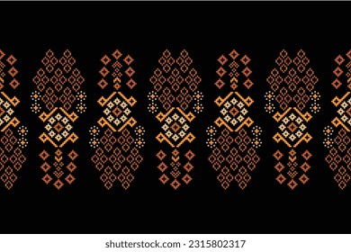Ethnic geometric seamless fabric pattern Cross Stitch.Ikat embroidery oriental Pixel pattern black background. Abstract,vector,illustration. Texture,Cross Stitch,frame,decoration,motifs,wallpaper.