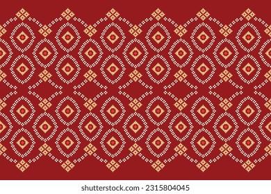 Ethnic geometric seamless fabric pattern Cross Stitch.Ikat embroidery oriental Pixel pattern red background. Abstract,vector,illustration. Texture,Cross Stitch,frame,decoration,motifs,wallpaper.