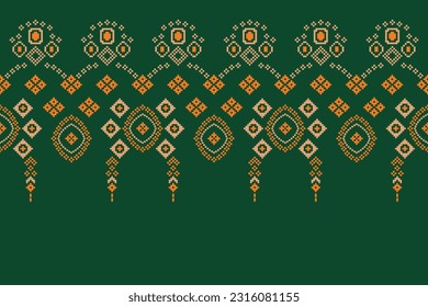 Patrón de tejido geométrico étnico sin costura Cross Stitch.Ikat bordado fondo verde de patrón Pixel oriental. Resumen,vector,ilustración. Textura, Cross Stitch, marco, decoración, motivos, papel pintado.