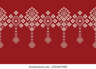 Ethnic geometric seamless fabric pattern Cross Stitch.Ikat embroidery oriental Pixel pattern red background. Abstract,vector,illustration. Texture,Cross Stitch,frame,decoration,motifs,wallpaper.