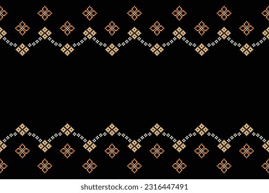 Ethnic geometric seamless fabric pattern Cross Stitch.Ikat embroidery oriental Pixel pattern black background. Abstract,vector,illustration. Texture,Cross Stitch,frame,decoration,motifs,wallpaper.