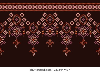 Patrón de tejido geométrico étnico sin costura Cross Stitch.Ikat bordado patrón Pixel oriental fondo marrón. Resumen,vector,ilustración. Textura, Cross Stitch, marco, decoración, papel tapiz de alfombra.