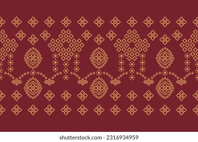 Ethnic geometric seamless fabric pattern Cross Stitch.Ikat embroidery oriental Pixel pattern red background. Abstract,vector,illustration. Texture,Cross Stitch,frame,decoration,motifs,wallpaper.