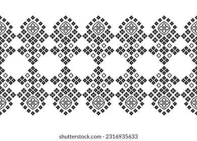 Ethnic geometric seamless fabric pattern Cross Stitch.Ikat embroidery oriental Pixel black white background. Abstract,vector,illustration. Texture,Cross Stitch,frame,decoration,motifs,wallpaper.
