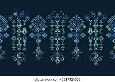 Ethnic geometric seamless fabric pattern Cross Stitch.Ikat embroidery oriental Pixel pattern blue background. Abstract,vector,illustration. Texture,Cross Stitch,frame,decoration,motifs,wallpaper.