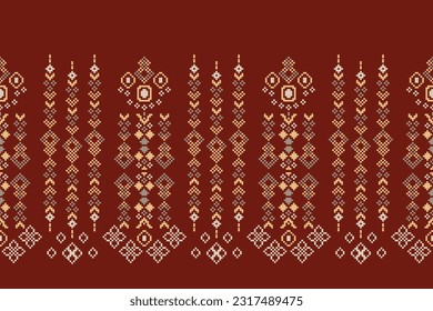 Ethnic geometric seamless fabric pattern Cross Stitch.Ikat embroidery oriental Pixel pattern brown background. Abstract,vector,illustration. Texture,Cross Stitch,frame,decoration,carpet wallpaper.