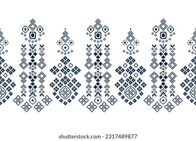 Patrón de tejido geométrico étnico sin costura Cross Stitch.Ikat bordado fondo azul Pixel oriental azul fondo. Resumen,vector,ilustración. Textura, Cross Stitch, marco, decoración, motivos, papel pintado.