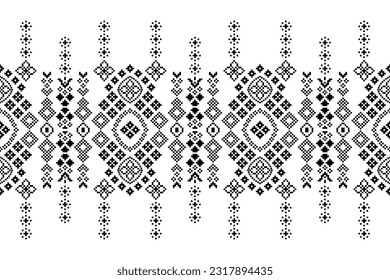 Ethnic geometric seamless fabric pattern Cross Stitch.Ikat embroidery oriental Pixel black white background. Abstract,vector,illustration. Texture,Cross Stitch,frame,decoration,motifs,wallpaper.