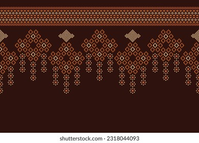 Ethnic geometric seamless fabric pattern Cross Stitch.Ikat embroidery oriental Pixel pattern brown background. Abstract,vector,illustration. Texture,Cross Stitch,frame,decoration,carpet wallpaper.