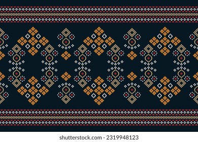 Ethnic geometric seamless fabric pattern Cross Stitch.Ikat embroidery oriental Pixel pattern blue background. Abstract,vector,illustration. Texture,Cross Stitch,frame,decoration,motifs,wallpaper.