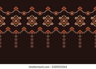 Ethnic geometric seamless fabric pattern Cross Stitch.Ikat embroidery oriental Pixel pattern brown background. Abstract,vector,illustration. Texture,Cross Stitch,frame,decoration,carpet wallpaper.