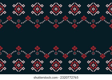 Ethnic geometric seamless fabric pattern Cross Stitch.Ikat embroidery oriental Pixel pattern blue background. Abstract,vector,illustration. Texture,Cross Stitch,frame,decoration,motifs,wallpaper.
