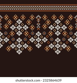 Patrón de tejido geométrico étnico sin costura Cross Stitch.Ikat bordado patrón Pixel oriental fondo marrón. Resumen,vector,ilustración. Textura, Cross Stitch, marco, decoración, papel tapiz de alfombra.