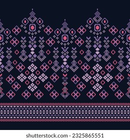 Ethnic geometric seamless fabric pattern Cross Stitch.Ikat embroidery oriental Pixel pattern blue background. Abstract,vector,illustration. Texture,Cross Stitch,frame,decoration,motifs,wallpaper.