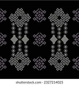 Ethnic geometric seamless fabric pattern Cross Stitch.Ikat embroidery oriental Pixel pattern black background. Abstract,vector,illustration. Texture,Cross Stitch,frame,decoration,motifs,wallpaper.