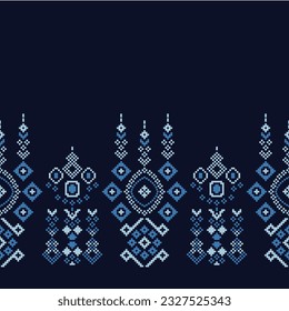 Ethnic geometric seamless fabric pattern Cross Stitch.Ikat embroidery oriental Pixel pattern blue background. Abstract,vector,illustration. Texture,Cross Stitch,frame,decoration,motifs,wallpaper.