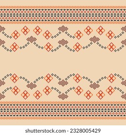 Patrón de tejido geométrico étnico sin costura Cross Stitch.Ikat bordado fondo de crema de patrón Pixel oriental. Resumen,vector,ilustración. Textura, Cross Stitch, marco, decoración, motivos, papel pintado.