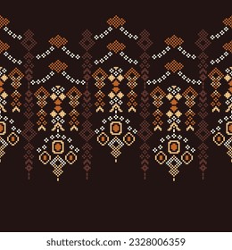 Ethnic geometric seamless fabric pattern Cross Stitch.Ikat embroidery oriental Pixel pattern brown background. Abstract,vector,illustration. Texture,Cross Stitch,frame,decoration,carpet wallpaper.