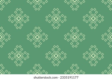 Ethnic geometric seamless fabric pattern Cross Stitch.Ikat embroidery oriental Pixel pattern green four leaf clover background. Vector,illustration. Texture,Cross Stitch,frame,motifs,wallpaper.