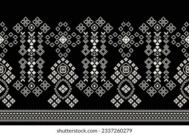 Ethnic geometric seamless fabric pattern Cross Stitch.Ikat embroidery oriental Pixel pattern black background. Abstract,vector,illustration. Texture,Cross Stitch,frame,decoration,motifs,wallpaper.