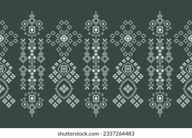 Ethnic geometric seamless fabric pattern Cross Stitch.Ikat embroidery oriental Pixel pattern green gray background. Abstract,vector,illustration. Texture,Cross Stitch,frame,decoration,wallpaper,motif.